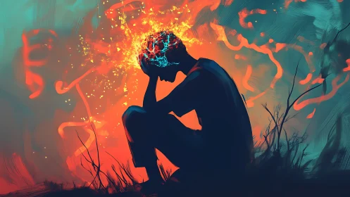 Silhouette with burning mind against teal inferno backdrop.