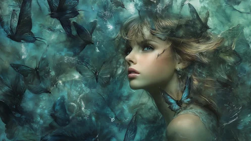 Female figure with blue butterflies in abstract teal mist.