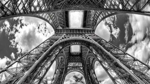 Monochrome upward view documents Eiffel Tower base structure
