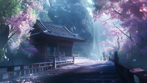 Sunlit temple bridge cradled by drifting cherry blossoms.