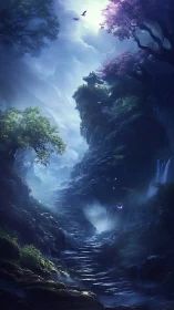 Moonlit forest stairway to a hidden mountain temple.