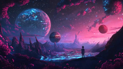 Chromatic alien valley with observer under tri-planetary sky.