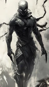 Shadow-clad vigilante strides through swirling monochrome storm.