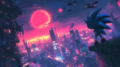 Neon-lit cyberpunk skyline observed from ledge by stylized hedgehog