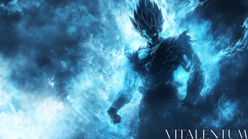 Blue energy warrior stands within a blazing cosmic aura.