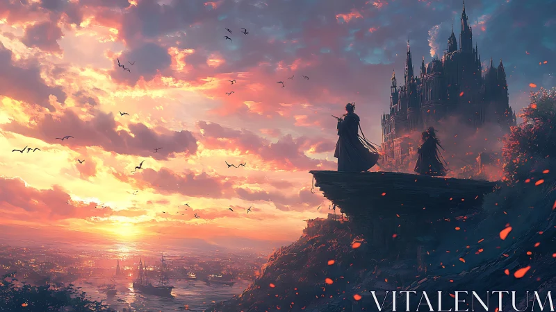 Royal figures overlook glowing harbor at fantasy sunset.