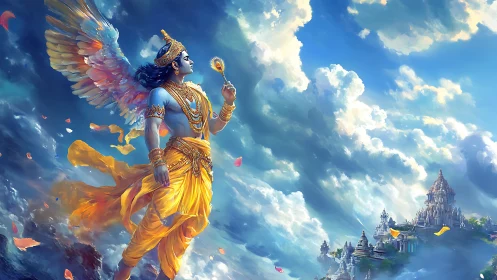 Winged sky deity drifting toward a distant cloud temple.