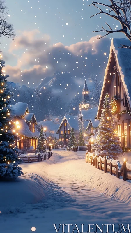 Snowlit alpine village lane under golden winter dusk glow.