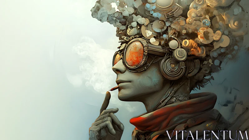 Cybernetic portrait isolates a smoking figure in surreal haze