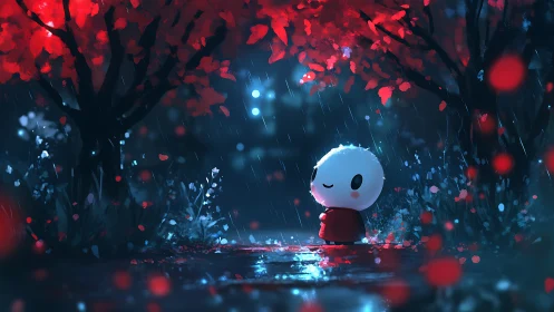 Rain-soaked chibi figure stands beneath glowing crimson canopy