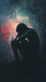 Shadowed soul curled in ember-lit silence of inner storm.