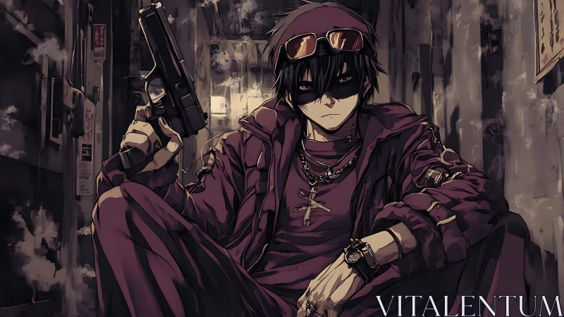 Hooded masked youth holds handgun in dim urban alleyway