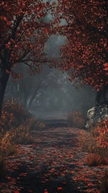 Autumnal Forest Pathway Through Crimson Canopy.