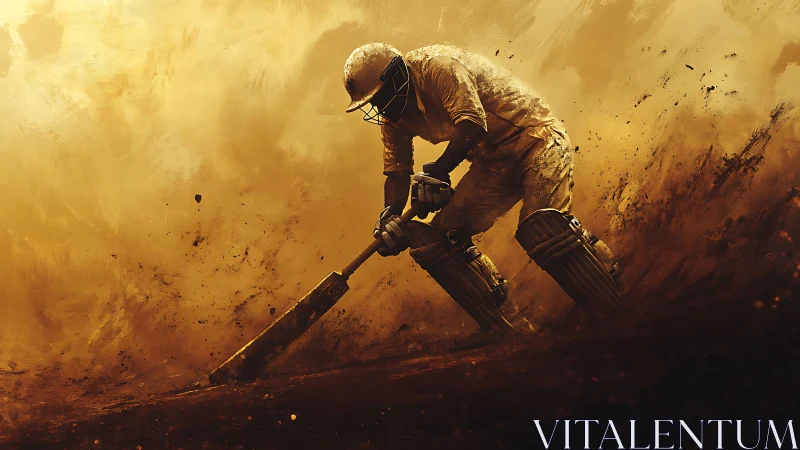 Cricket batsman drives through swirling golden dust storm