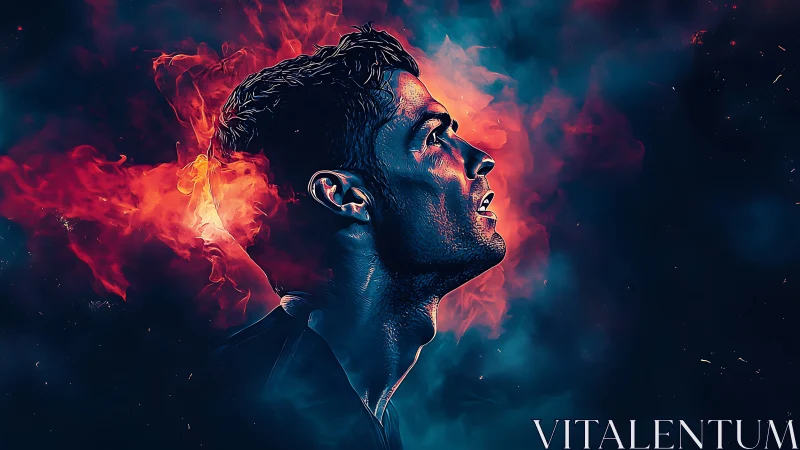 Intense male profile portrait with fiery smoke backdrop.