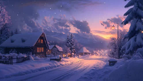 Snow-covered village road is shown at dusk in winter