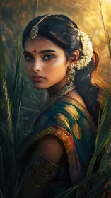 Digital painting portrait with luminous ethnic adornment study.