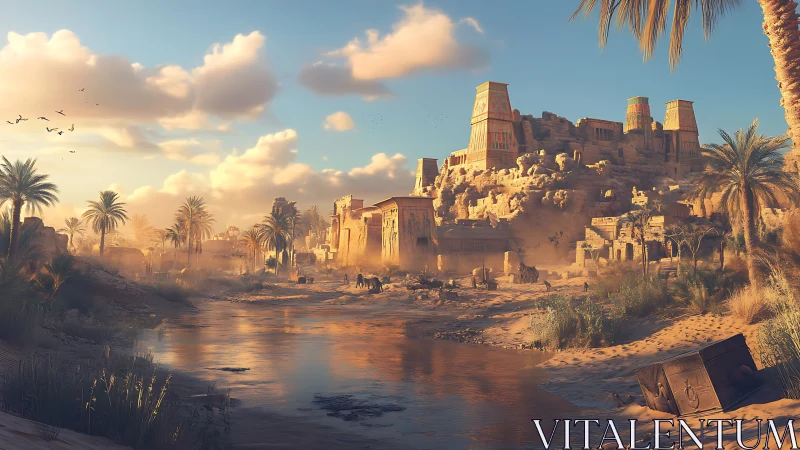 Sunlit river drifts past forgotten desert temple citadel