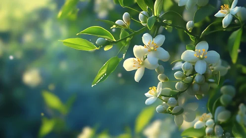 White flowering branch with green foliage and buds.