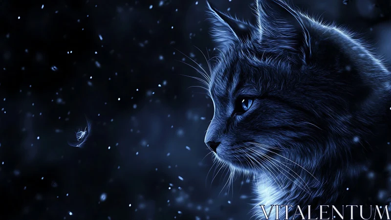 Mystical Blue Cat in Snowfall Darkness