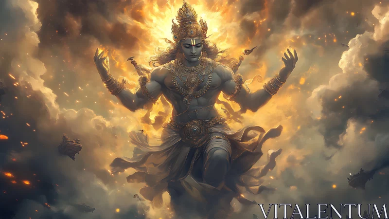 Divine warrior deity emerging through blazing storm clouds.