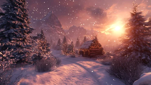 Cozy cabin glow in a snowlit mountain sunset hush.