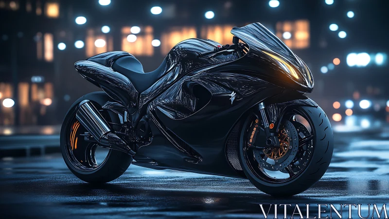 Futuristic black sport motorcycle on wet urban street at night.