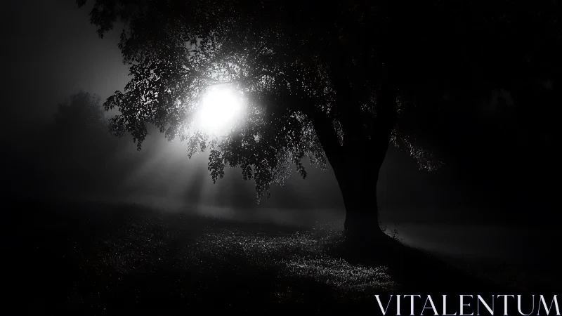 Backlit tree silhouette bisects nocturnal fog with radiating beams