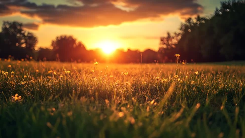 Low-angle meadow sunset with shallow depth-of-field rendering.