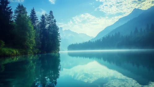 Morning mist over alpine lake with mirrored pine forests.