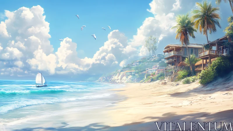 Sunlit beach cottages and a lone sail on turquoise waves.