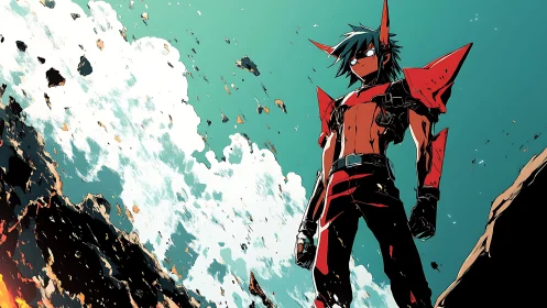 Armored anime warrior stands on rocky ledge under teal sky