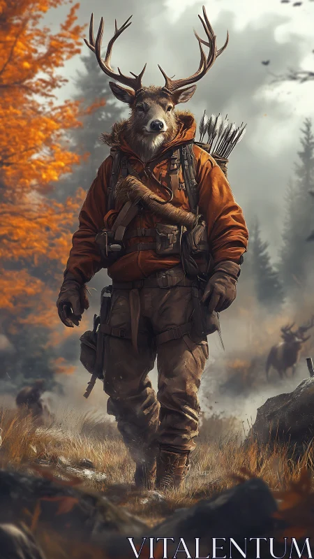 Anthropomorphic stag ranger strides through misty autumn forest