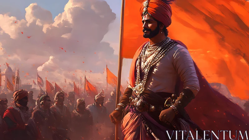 Warrior leader stands before army with orange battle flag