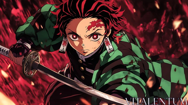 Fiery-eyed swordsman lunging through embers in battle stance.