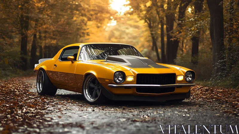 Golden muscle car under glowing autumn forest canopy.