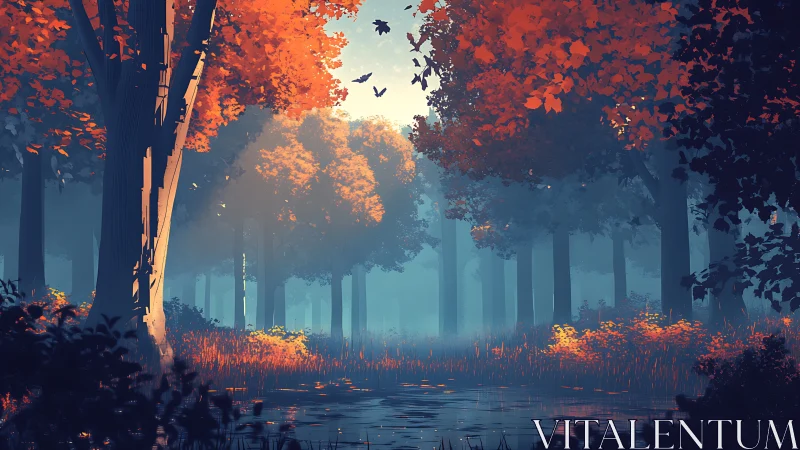 Autumn Forest Sanctuary Beneath Misty Canopy.