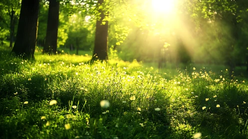 Sunlit Forest Meadow with Wildflowers in Soft Focus Photography.