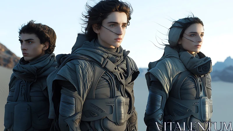 Desertbound voyagers in stormlit armor gaze toward tomorrow.