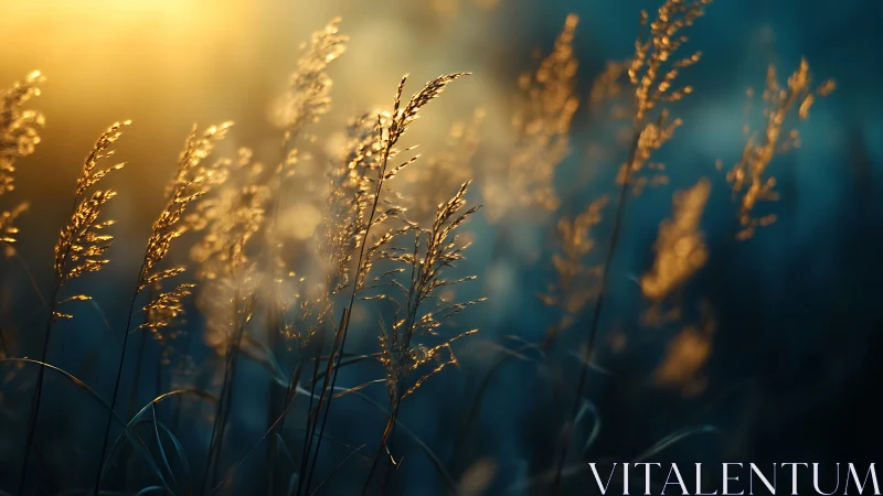 Backlit grass stems in shallow focus under warm light.