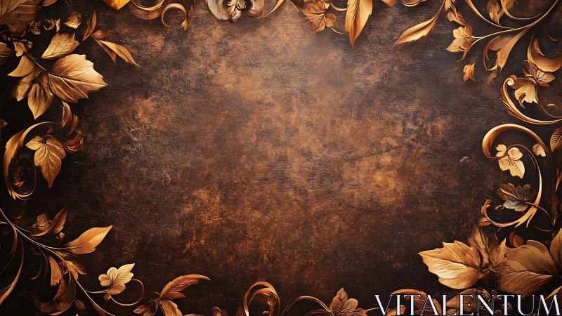 Ornamental metallic foliage borders frame textured brown background