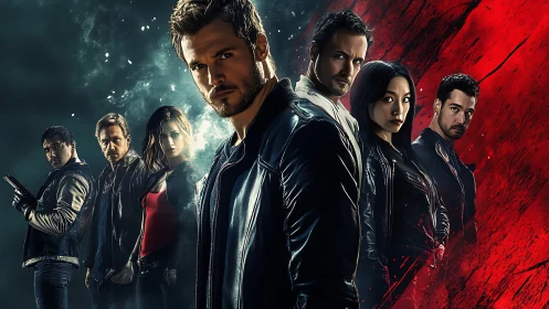 Intense vigilante team stands unified in moody neon smoke