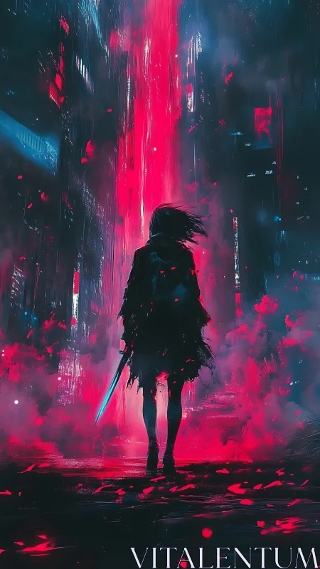 Cyberpunk swordsman silhouetted in neon magenta storm.