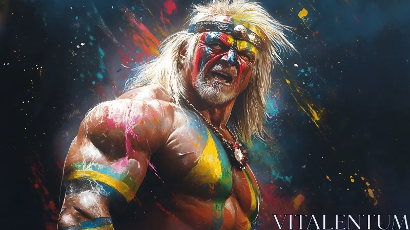 Explosive portrait of a painted warrior rendered in digital acrylic