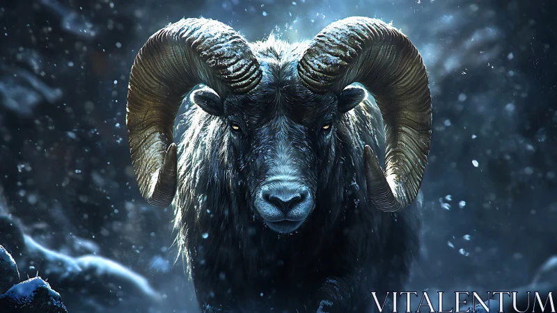 Ram faces viewer in snowy, high-contrast digital scene