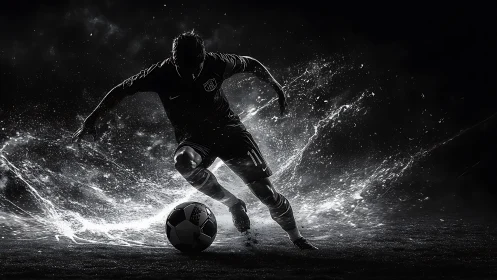 Silhouetted football player controls ball amid liquid motion