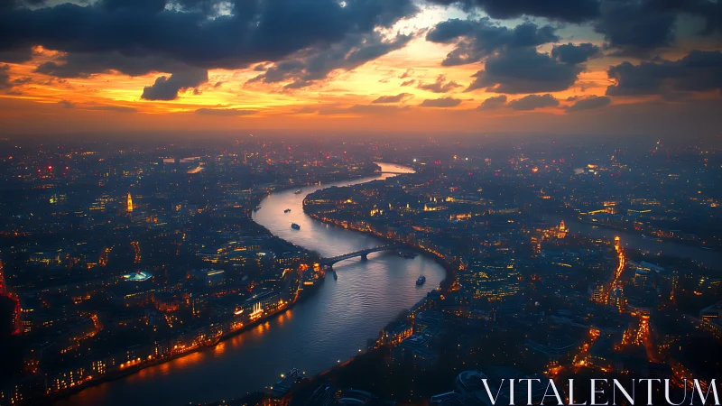 Twilight aerial panorama over river-bent metropolis skyline.