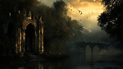 Ruined stone gateway and bridge in a dark forest at dusk.