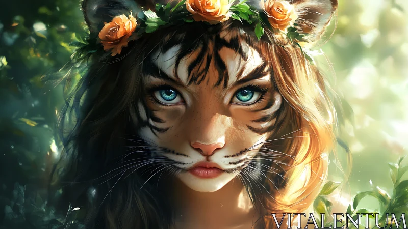 Hybrid tiger-girl portrait unites feline anatomy and floral crown