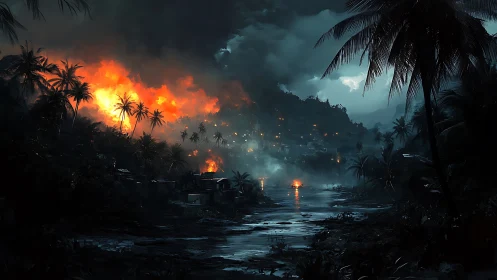 Tropical settlement during nighttime fire event with palm vegetation.